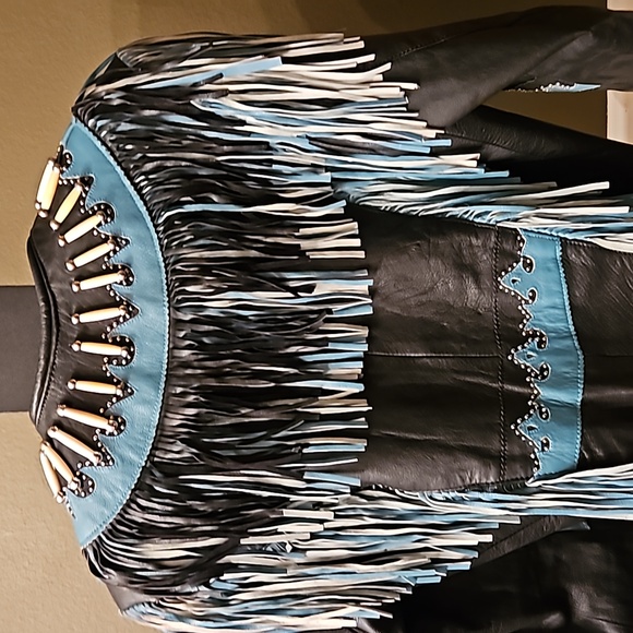 Sunriders Western Wear Turquoise & Black Fringe Bone Bead Riders Jacket sz L - Picture 8 of 13